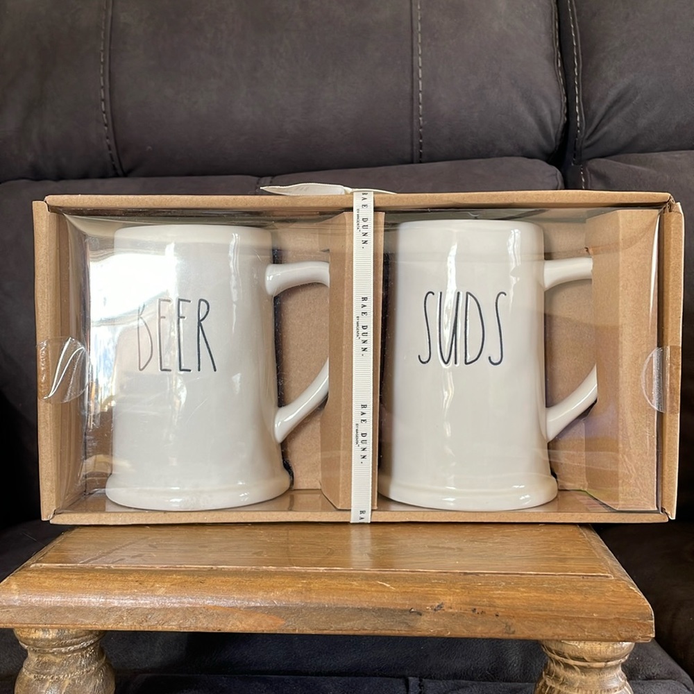 Rae Dunn BEER + SUDS Stein Mug Cup Set of 2 - Glazed Ceramic - Collectible (10)